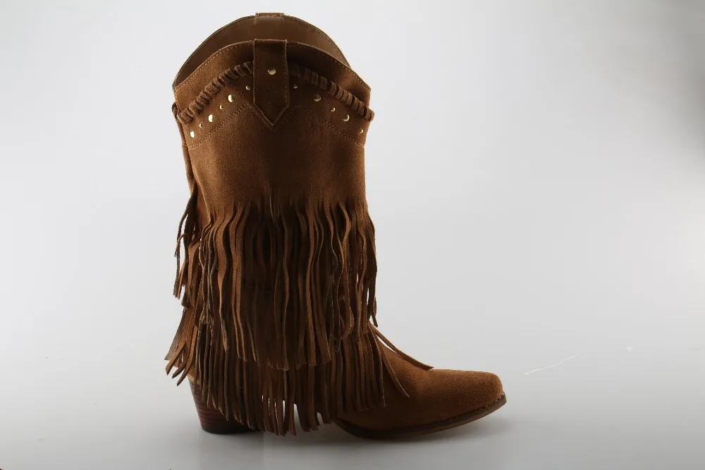 Лидер продаж женские замшевые ботинки с кисточками без шнуровки ковбойские