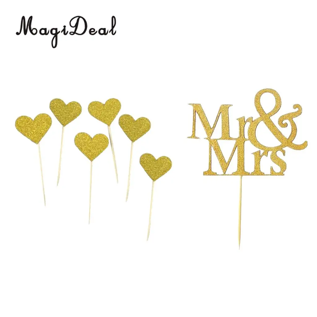 Gold 40/Набор Блестящий Золотой Mr Mrs Сердце торт украшение для кекса для свадебной вечеринки - Цвет: Gold