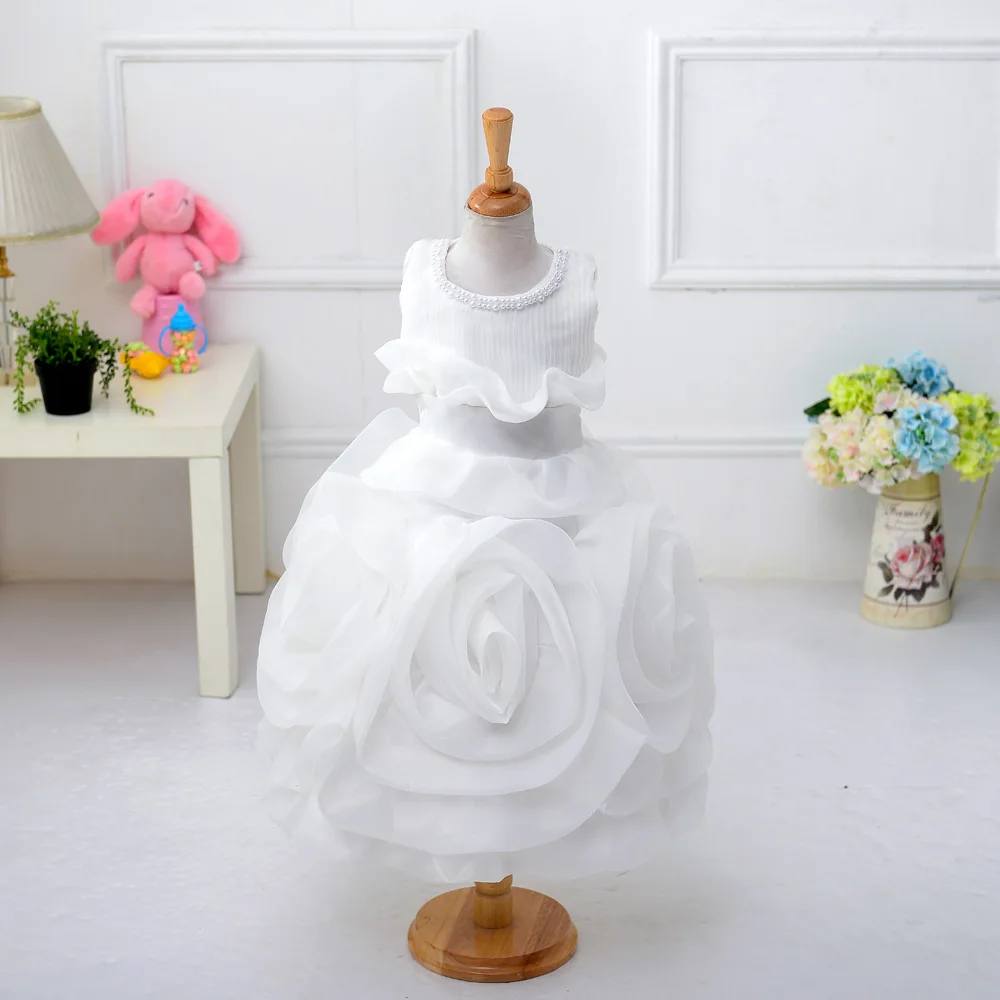 White Новое поступление Детские Платья для девочек на свадьбу красивая Роза Pleat Платье для первого причастия одноцветное бальное платье - Цвет: White