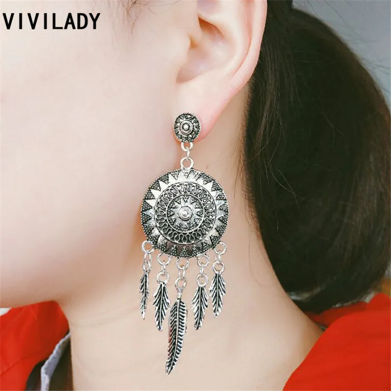 Vivilady Модный Boho Ретро серебристого цвета с длинной бахромой перо листьев солнце