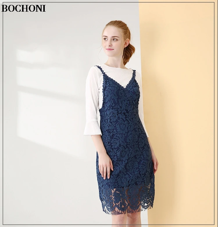 2018 Bochoni Новое поступление кружевное платье синий сладкий платье|Женские платья| |