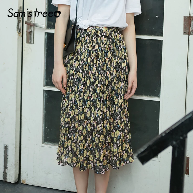 Samstree, винтажная, свободная, летняя, для женщин, Vestidos, с цветами, женская плиссированная юбка, до середины икры, с высокой талией, для девушек, низ, 2 цвета