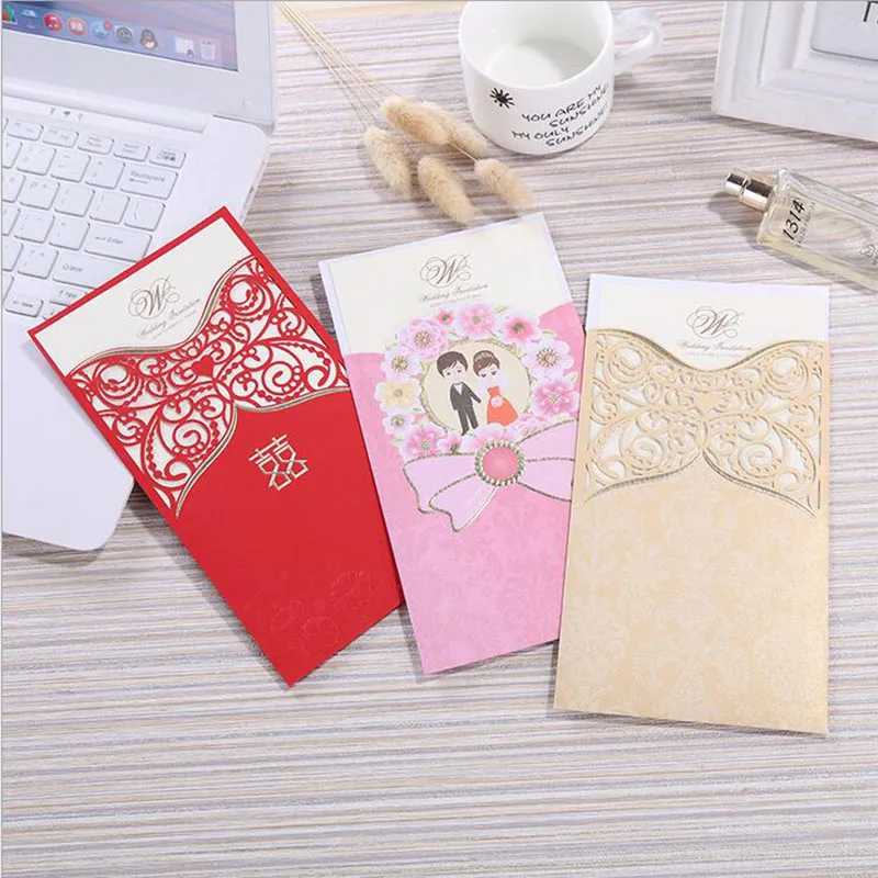 

100pcs Red Gold Purple Laser Cut Wedding Invitations Card Lace Flower Greeting Card Custom Thanksgiving Wedding Party Decoration