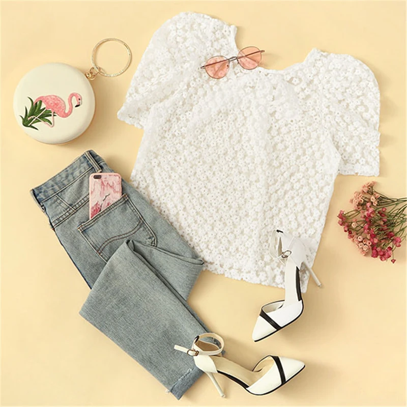 Dotfashion белый узел сзади с пышными рукавами Цветочная вышивка с сеткой женские летние топы летние сексуальные с коротким рукавом корейские блузки