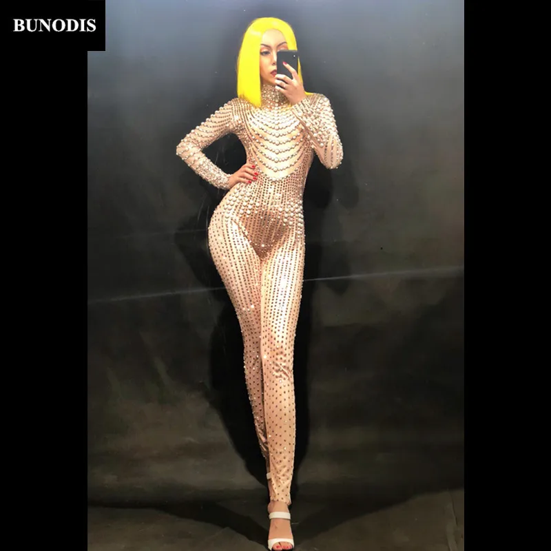 ZD232 Women Sexy High-End Jumpsuit Full Of Sparkling Pearls Crystals Nightclub Party Performance Bodysuit Stage Wear Costume