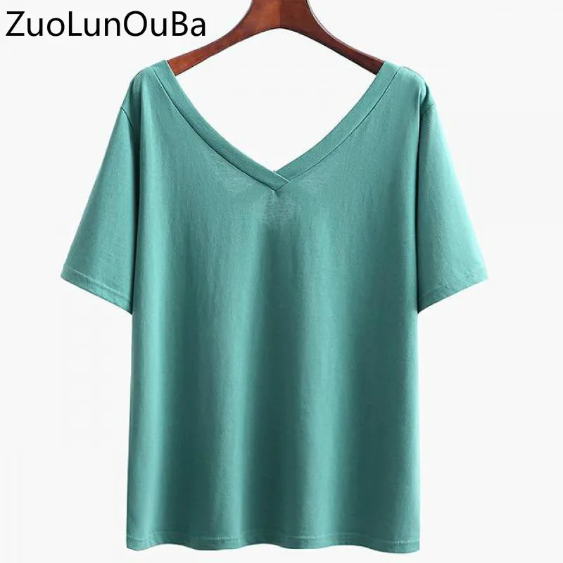 ZuoLunOuBa/2018 летняя модная женская футболка с глубоким v-образным вырезом однотонная