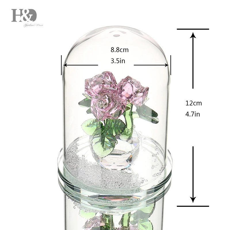

H&D Gift for Her Crystal Beauty And The Beast Enchanted Three Pink Rose Glass Sculpture in Glass Dome Flower Figurine Xmas Gifts