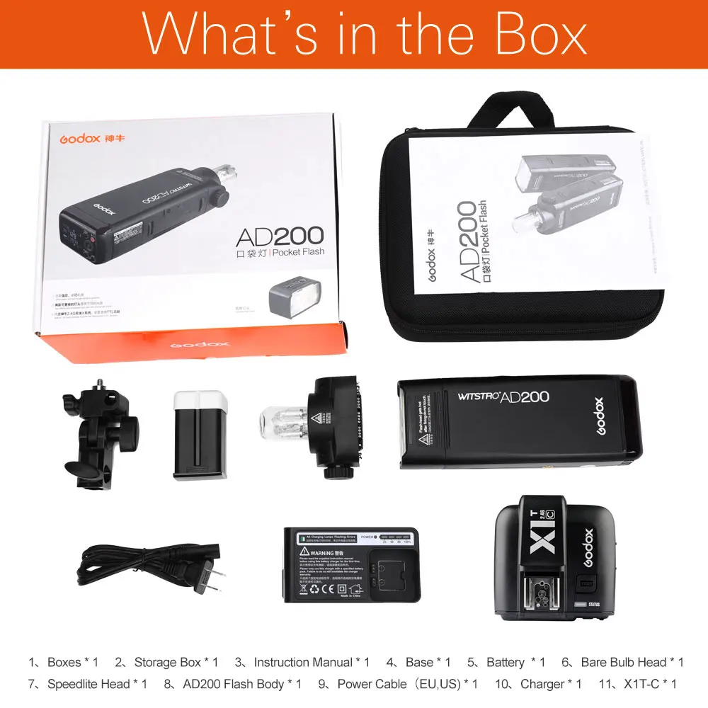 Godox AD200 200Ws GN60 Высокоскоростная синхронизация карманная вспышка + X1-T-C/N/S/F/O