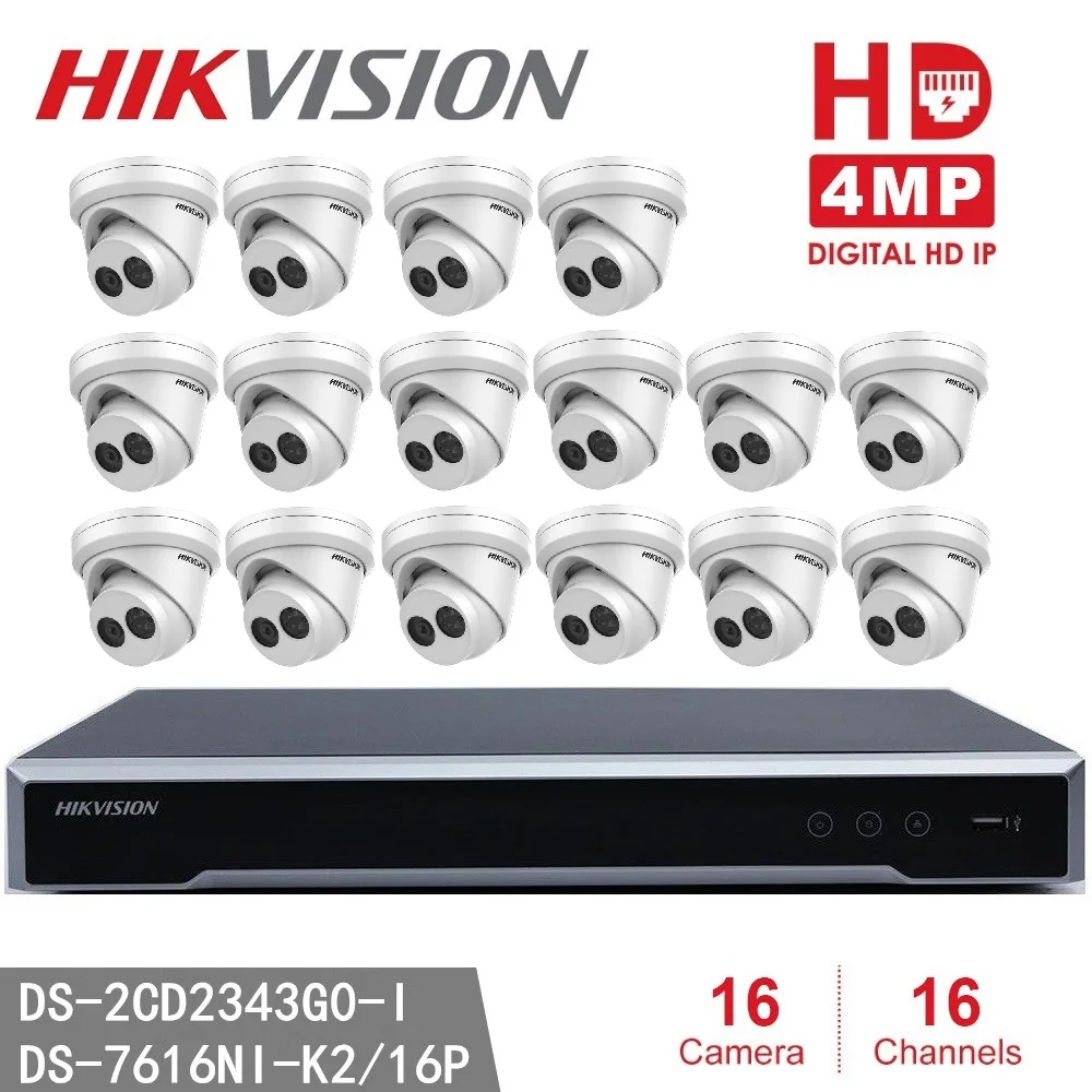 Hikvision NVR DS-7616NI-K2/16P 8MP запись разрешения + 16 шт DS-2CD2343G0-I 4MP EXIR CCTV камера безопасности.