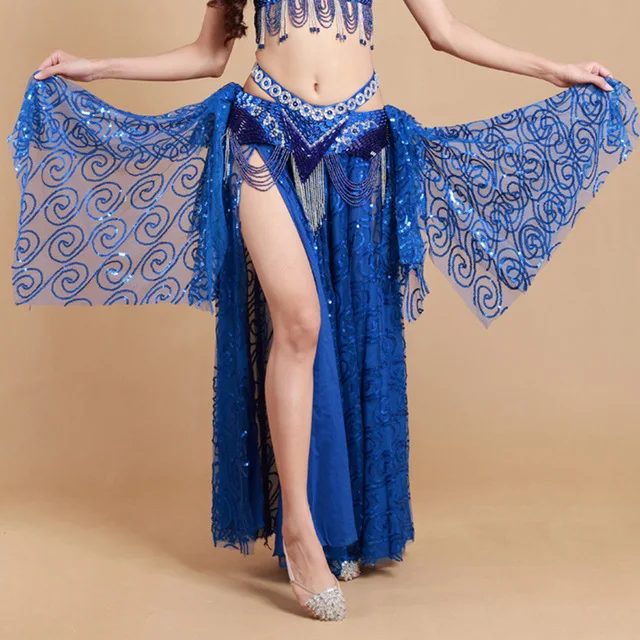 royal blue Женская одежда для танца живота, длинная юбка макси с разрезом по бокам, юбка для танца живота с блестками, белые платья, одежда - Цвет: royal blue