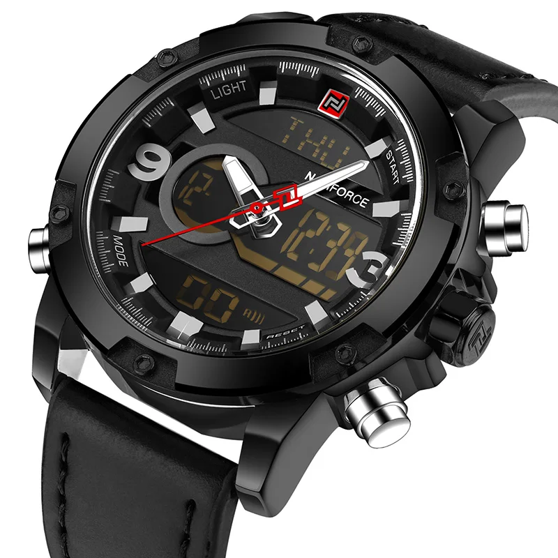 Black NAVIFORCE Лидирующий бренд Роскошные мужские светодиодные спортивные часы мужские армейские военные наручные часы с кожаным ремешком кварцевые часы Relogio Masculino - Цвет: Black