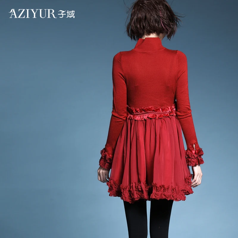 2016 new spring D1479E long sleeve knit stitching Chiffon Dress turtleneck dress | Женская одежда