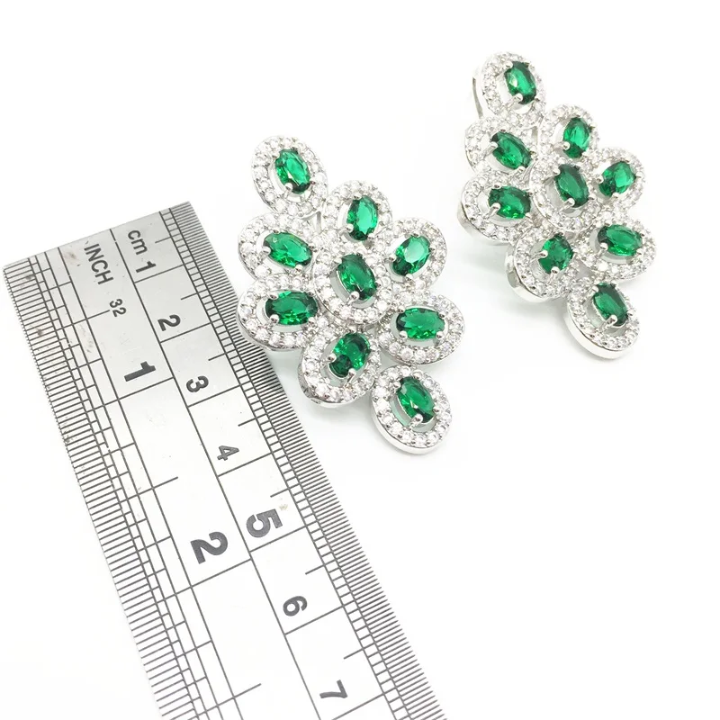 Cubic Zirconia Indian Silver 925 Jewelry Sets For Women Green Big CZ Created pendant Necklace And Earring Ladies | Украшения и