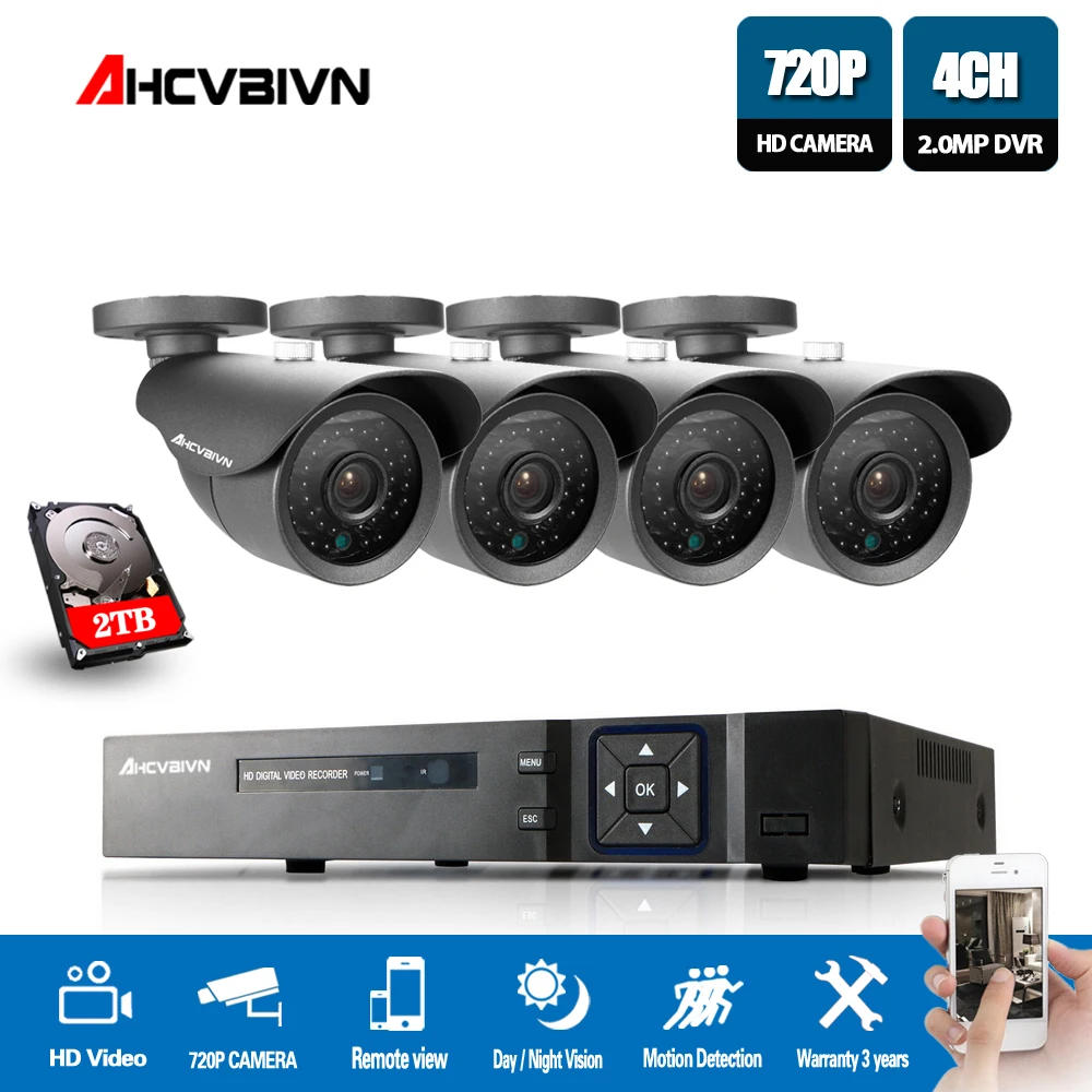 AHCVBIVN 4CH CCTV система 720P DVR видеонаблюдения 4 шт. 1.0MP уличная инфракрасная камера 1200 TVL