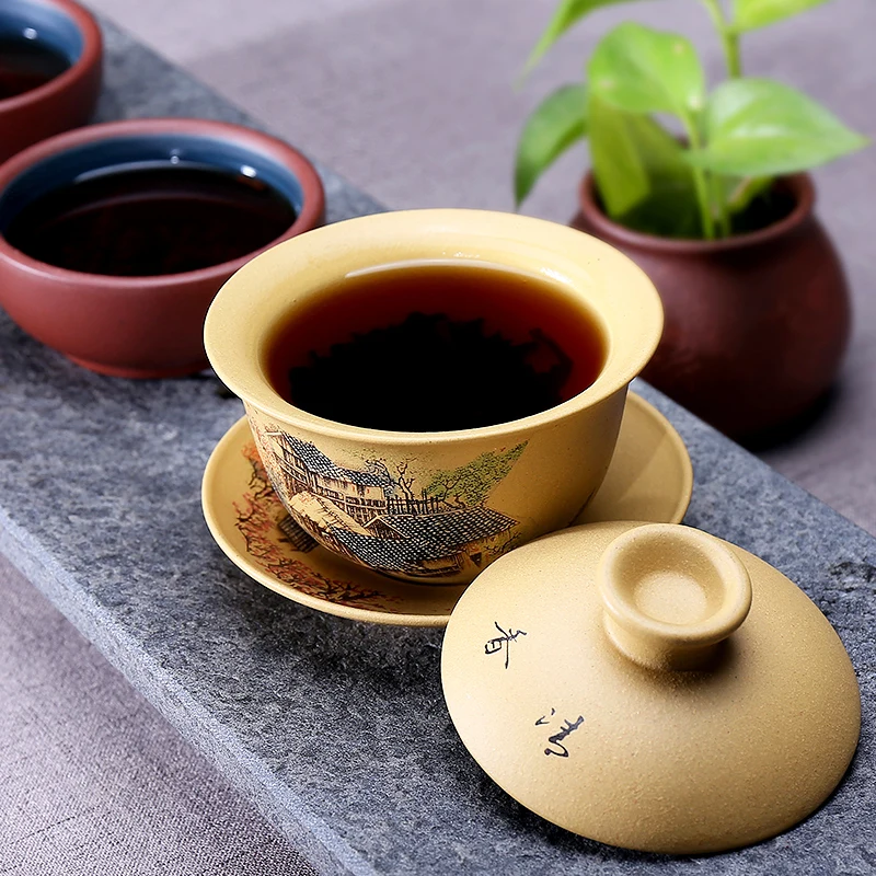 150 мл Authentic фиолетовая глина yixing Gaiwan пион/Пейзаж узор пиалы для чая ручной работы натуральный НЕОБРАБОТАННАЯ руда Сегмент грязи посуда