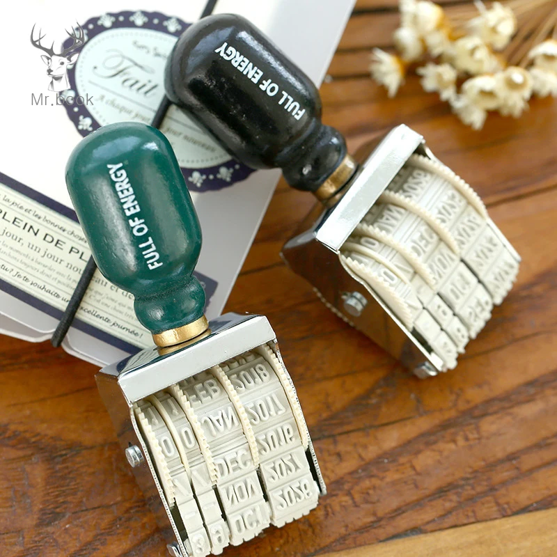 

Retro Wooden Handle Roller Seal Date Diy Stamps for Scrapbooking Kawaii Stationery Zakka Decal Escolar School Supplies