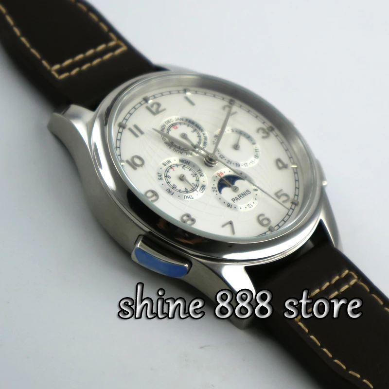 Часы Parnis 44 мм с белым циферблатом раскладная застежка серебристые стрелки фазы