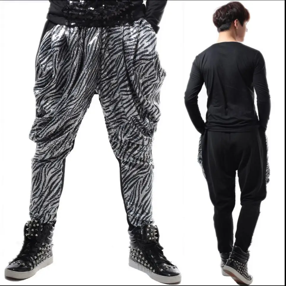 27-40 Men Singers Clothing Loose Stage Wild Lantern Pants Sequins Harlan Pants Bar Nightclub Ds Stage Show Plus Size Costumes