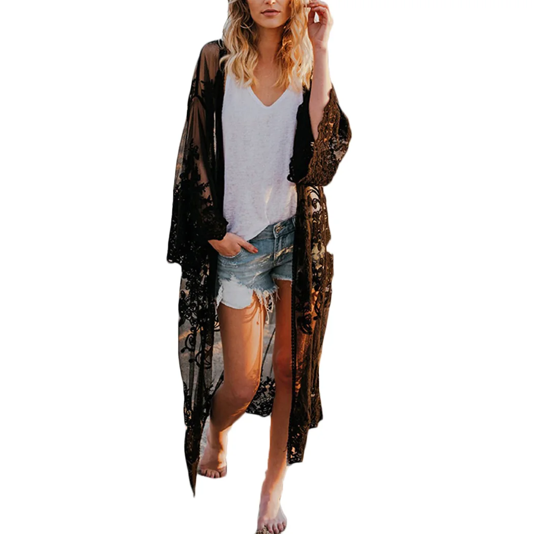 2018 Новое поступление элегантные Для женщин кружева Boho кимоно Cover Up кардиган с