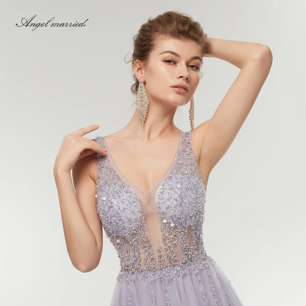 Angel married fashion Evening Dresses with slit low v neck crystal prom gowns women pageant dress formal party vestidos | Свадьбы и