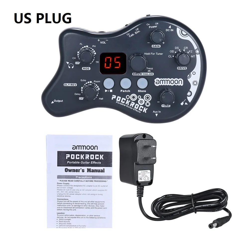 Grey US Plug Горячая ammoon PockRock гитарная педаль мультиэффектов процессор педаль эффектов 15 типов эффектов с адаптером питания - Цвет: Grey US Plug