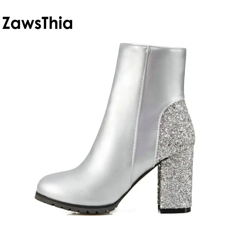 ZawsThia модные зимние золотистые Серебристые красные блестящие сапоги на высоком