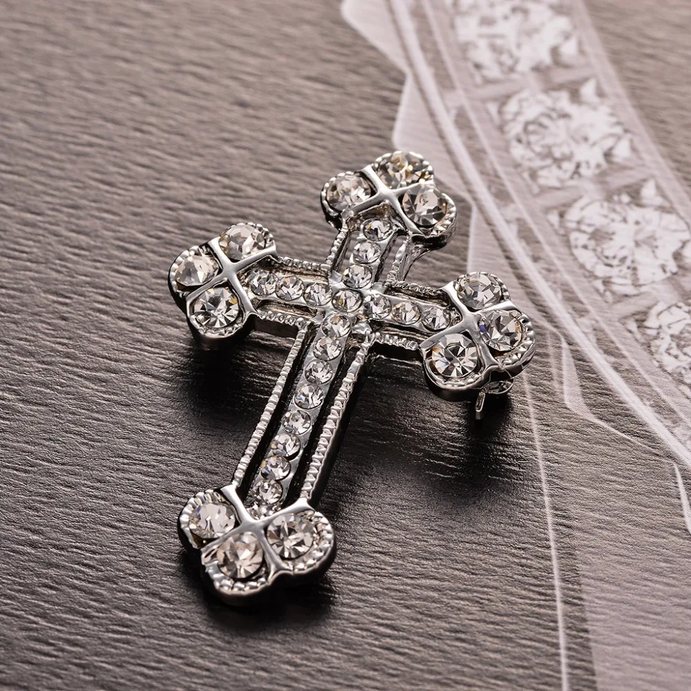 Брошь унисекс MZC блестящая с большим крестом и кристаллом белая винтажная