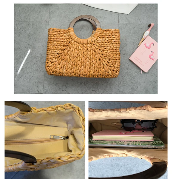 Новинка, женская модная соломенная сумка, сумка через плечо, для шоппинга, пляжа, путешествий, сумка через плечо, деревянная ручка, Повседневная Большая вместительная сумка-тоут
