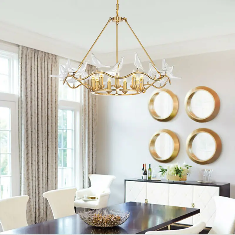 Laiting Lighting Copper Frame Art Light Fixtures Gold Hanging Lamp Modern Bird Shaped Glass Chandelier +Free shipping | Лампы и