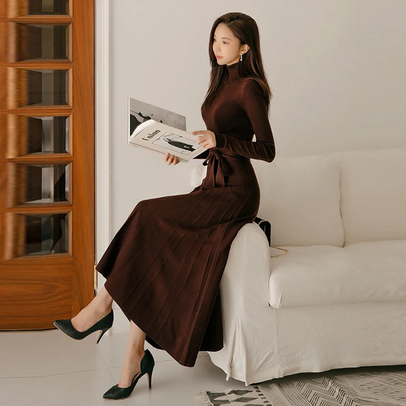

Winter A-line Turtleneck Women Sweater Dress 2018 Lace Up Slim Waist Solid Knitted Pullover Dress Casual Female Long Vestidos
