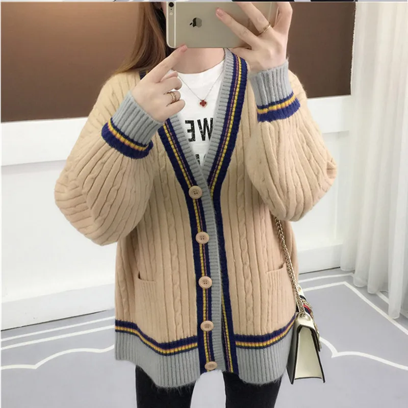 2019 Women Long Sleeve Knitted Sweater Cardigan Autumn Winter Ladies korean Fashion V-neck Causal Loose Plus Size Knitting Coat |