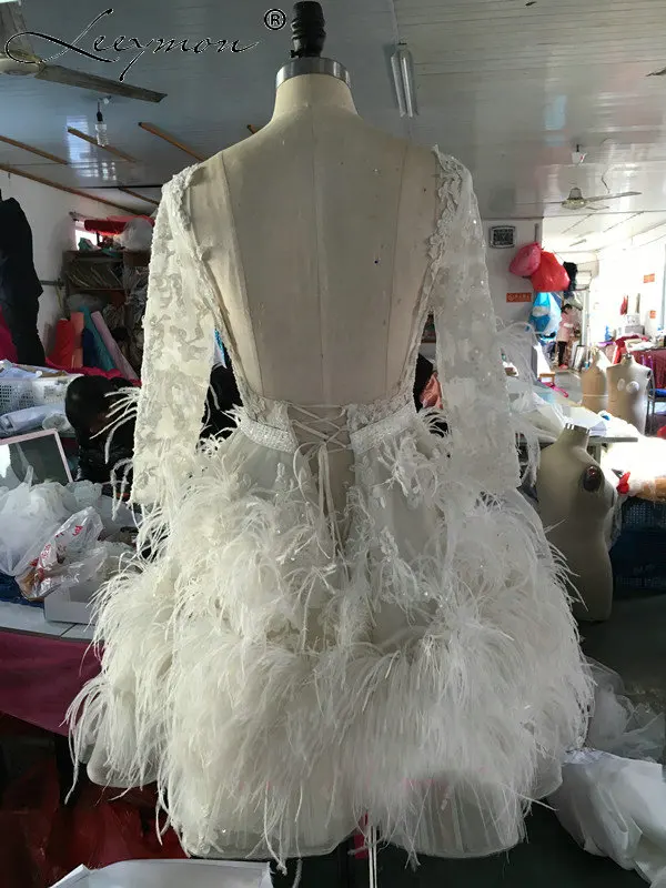 Фабрика роскошные Перья короткие свадебные платья 2017 кружево Аппликация aequine