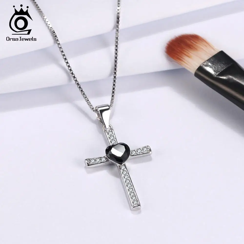 ORSA JEWELS, подлинное 925 пробы Серебряное сердце с подвеской в виде Креста для женщин, ожерелья AAA CZ, Модные женские ювелирные изделия ASN88