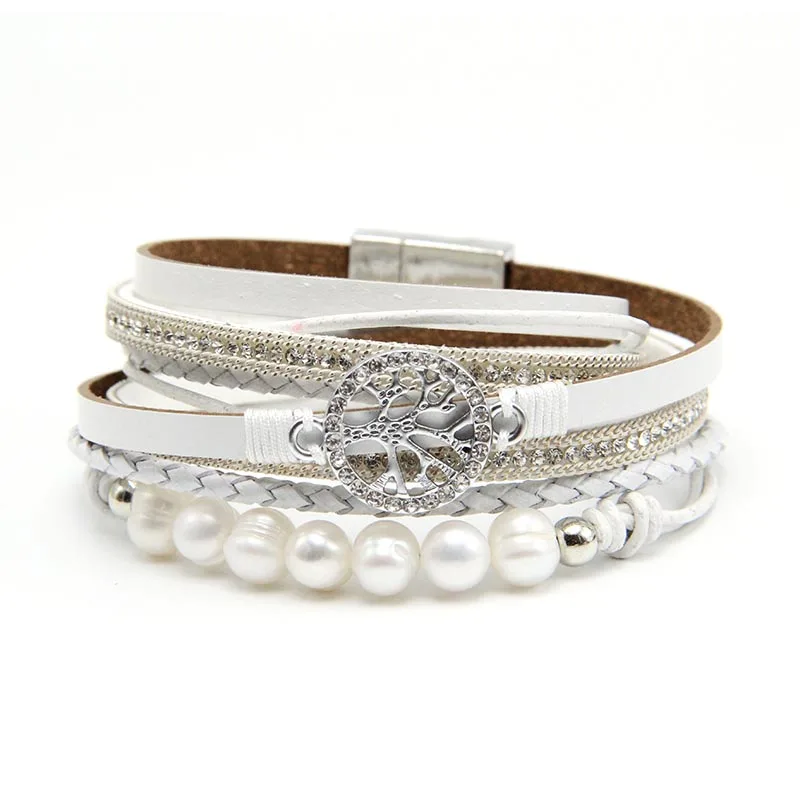 ZG Multiple Layers Punk Leather Bracelet For Men& Women Tree of Life jewelry Pearl Rhinestone Braid Charms Bracelets femme