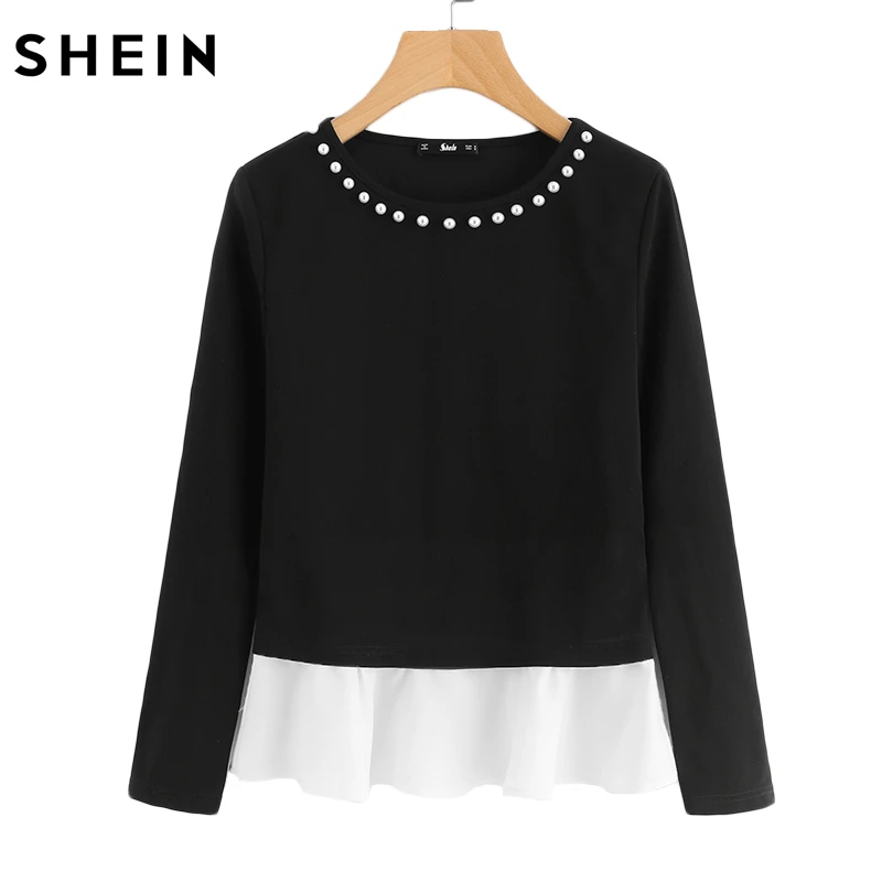 SHEIN Модные топы с контрастной отделкой и жемчужинами, Осенний Топ черного и белого цветов, Элегантная футболка с длинным рукавом