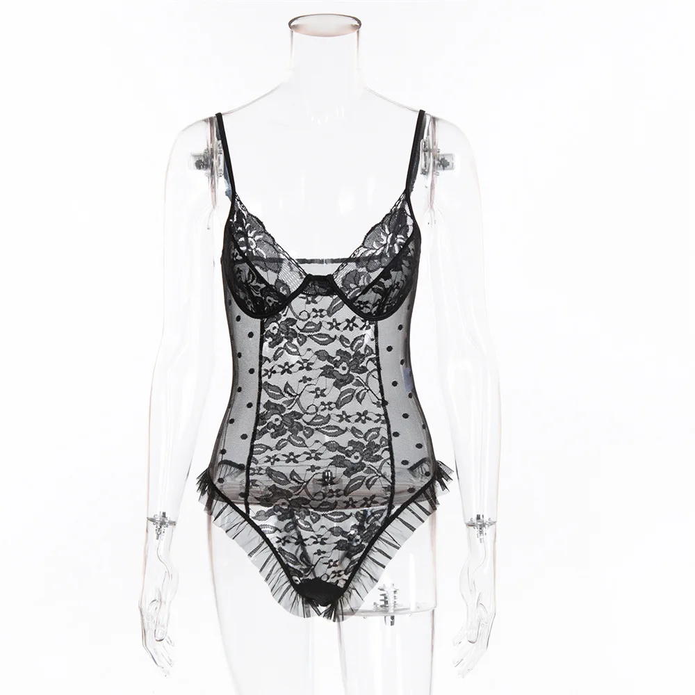 2018 Sexy Dots Lace Jumpsuits Perspective Lacework Women Bodysuits V-neck Club Wear Romers Vestdios De Gala | Женская одежда