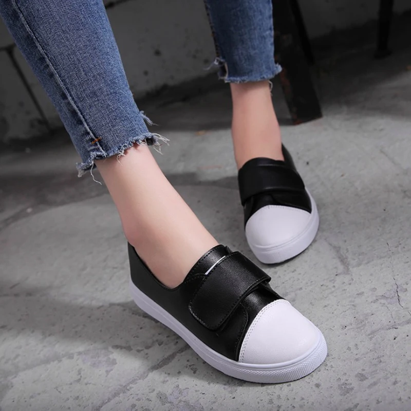 Women Casual Shoes Nice Spring Summer Leather Woman Flats White Black Fashion Breathable Hook&ampLoop Sneakers | Обувь
