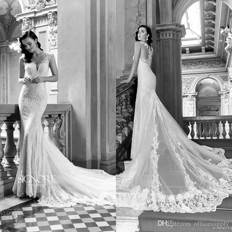2017 Gorgeous Mermaid Wedding Dresses Vestidos De Noiva Sheer Neck Appliqued Lace Chapel Train Bridal Gowns | Свадьбы и торжества
