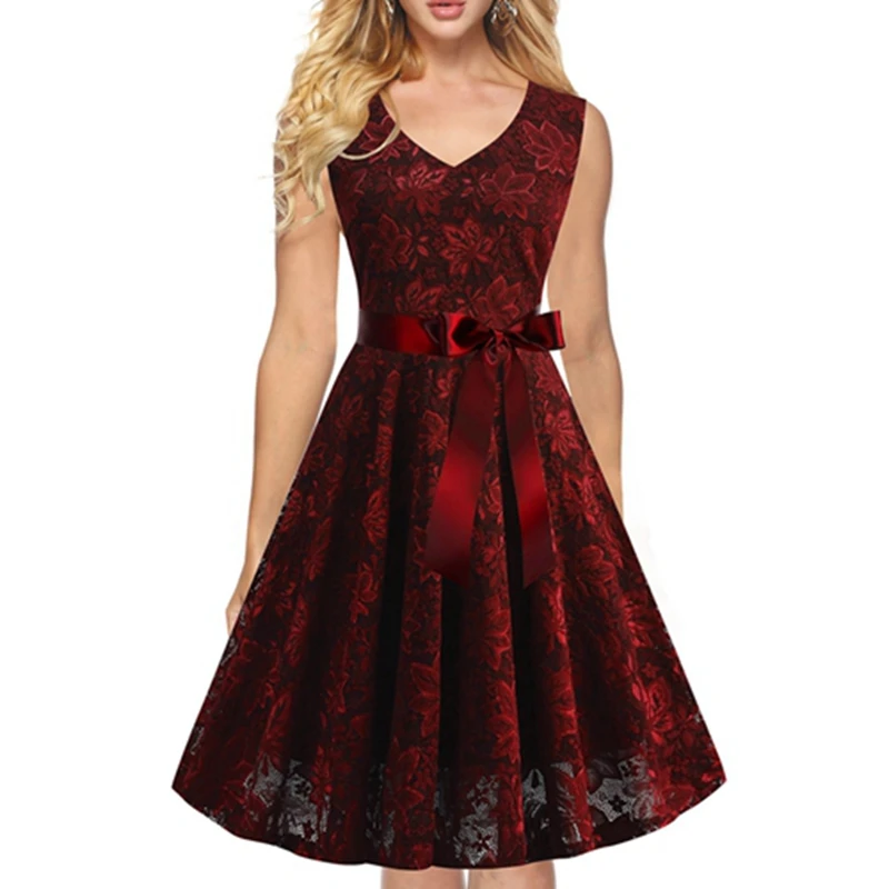 Женское винтажное платье миди без рукавов с цветочным кружевом|Женские платья| |