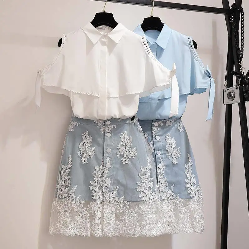 white Комплект из 2 предметов, лето, женская футболка с рюшами без бретелек+ кружевная прошитая юбка, наборы, женские модные элегантные шикарные юбки, костюмы J35 - Цвет: white