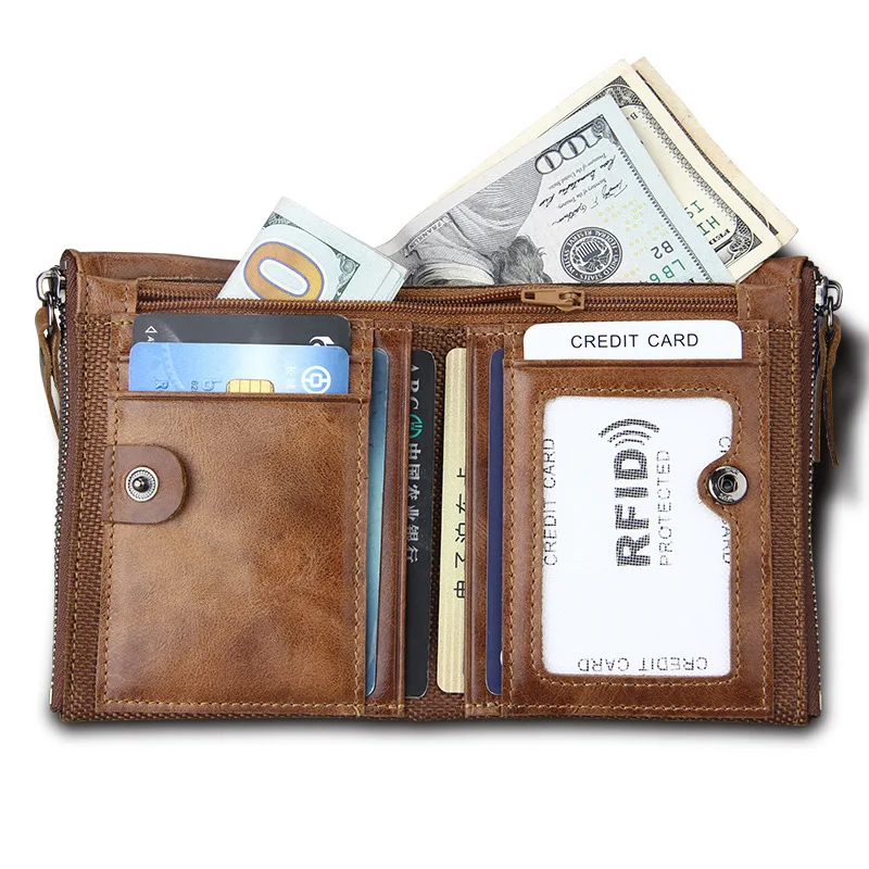 Короткий кошелек из натуральной кожи с двойной молнией и RFID защитой|purse male|brand walletf