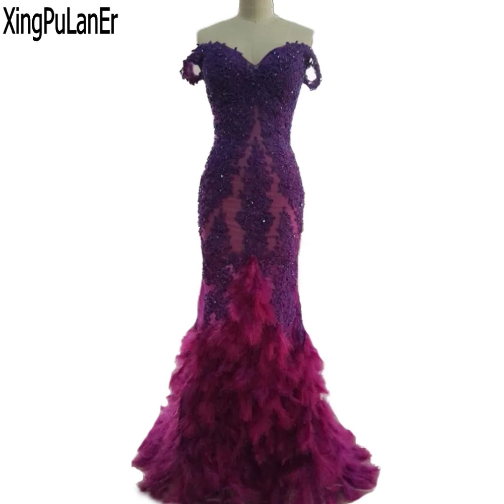 

Robe De Soiree Mermaid Off The Shoulder Sweetheart Purple Lace Appliqued Hot Pink Feathers Bottom Contrast Color Evening Dress