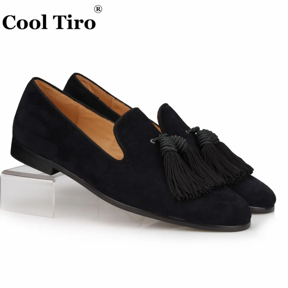 COOL TIRO Black Suede Loafers Men Handmade Tassels Slippers Wedding Dress Shoes Slip on Gentlemen Male's flat Casual Plus size | Обувь