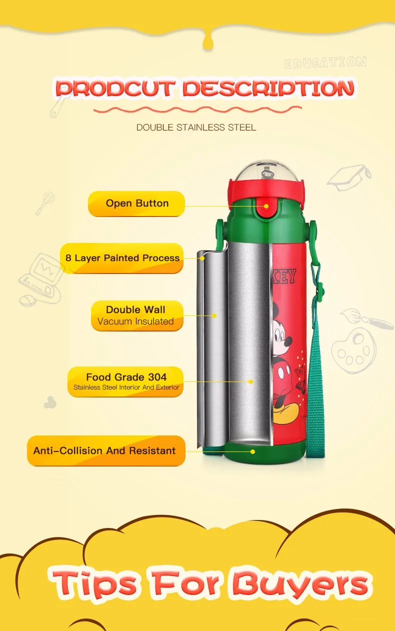 Дисней 500 мл из нержавеющей стали детская Термокружка с соломинкой Детская Бутылочка для молока на открытом воздухе портативный чайник с изоляцией