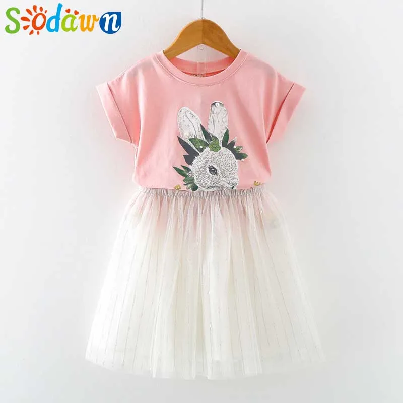 Sodawn Summer Brand Fashion Girls Clothes Cartoon Rabbit T-shirt+ Mesh Dress 2pcs Cute Children Clohting Baby Clothing - Цвет: Розовый