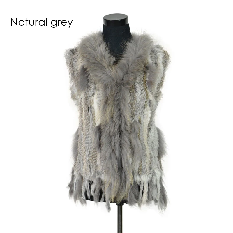 Natural grey VR001-17,, женский жилет из натурального кроличьего меха с воротником из меха енота, жилет/куртки из кроличьего меха - Цвет: Natural grey