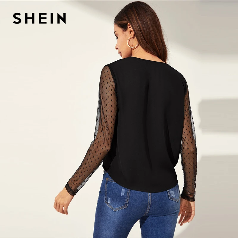 SHEIN Рубашка С Сетчатым Рукавом И Глубоким V-Образным Вырезом Сексуальная Рубашка С Глубоким Вырезом Женские Блузки С Длинным Рукавом