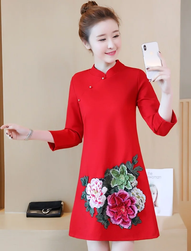 Женское платье осень Cheongsam Qipao женское восточное платье размера плюс Красное Ретро Новогоднее платье Элегантное китайское платье TA1599