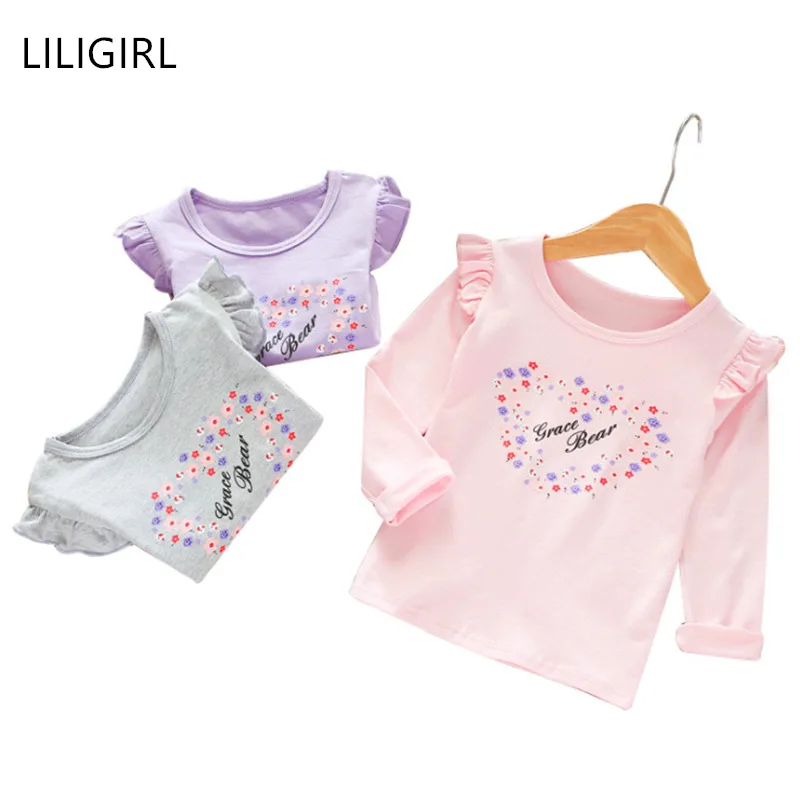LILIGIRL/футболка с длинными рукавами для маленьких девочек весенняя одежда принтом