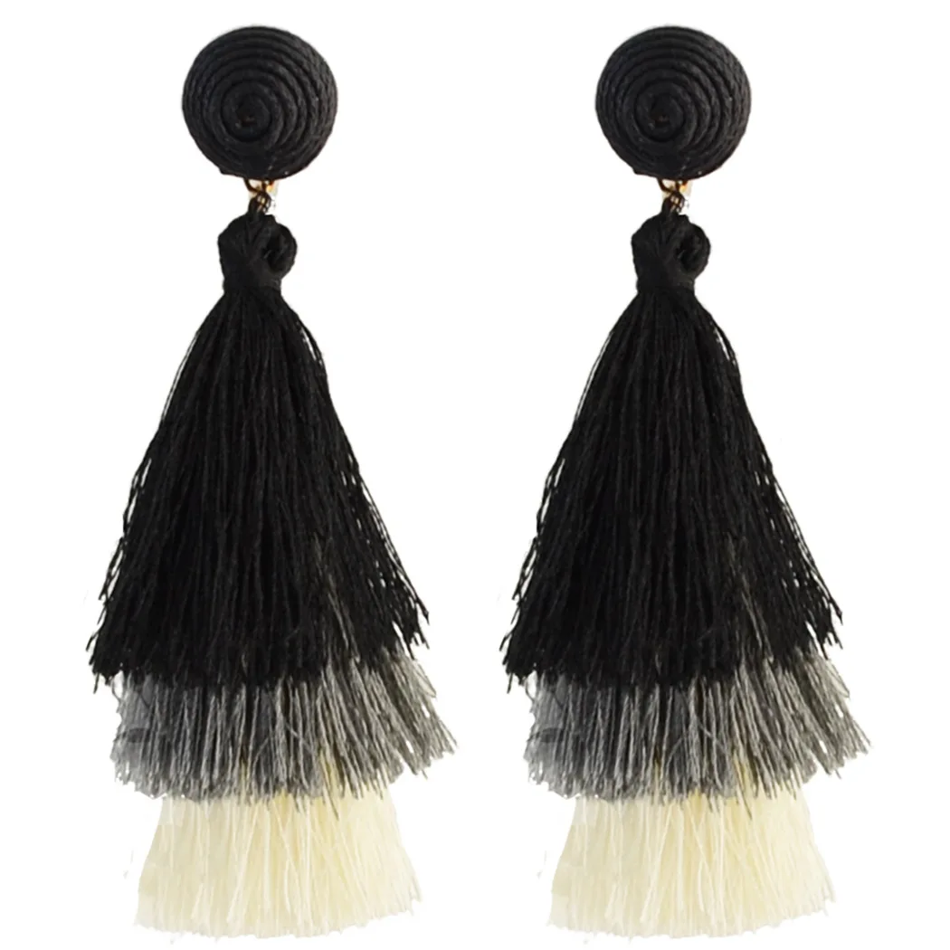 Zhushu 4 Color Boho Crystal Multi-layer Long Tassel Drop Earrings For Women Fashion Silk Fabric Dangle Earring Ethnic Jewelry |